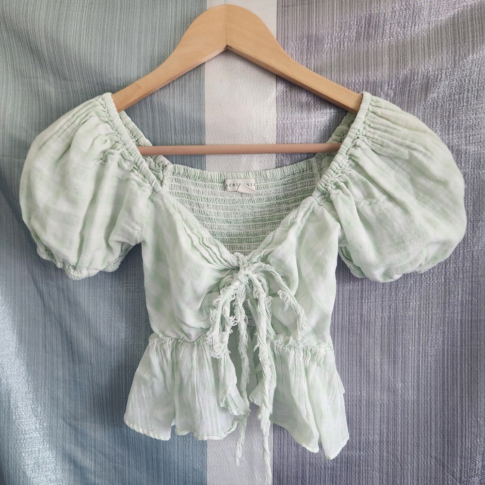 Aeropostale Mint Green Gingham Smocked Tie Front Puff Sleeve Peplum Top XS Fairy